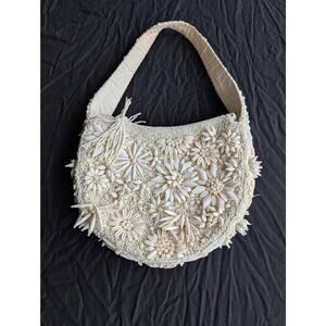 Vintage Ivory Beaded Floral Bridal Purse Coquette Romantic Evening Handbag
